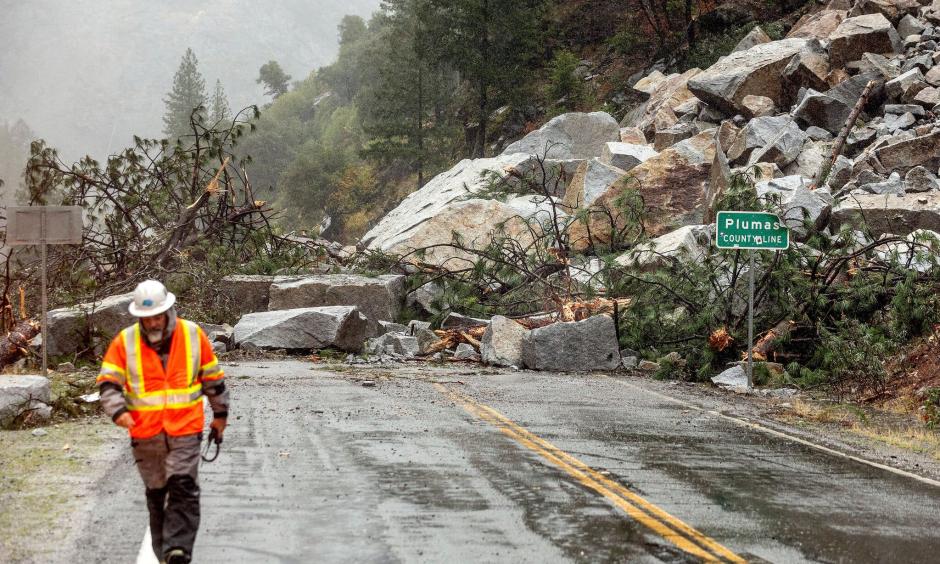 Rocks and vegetation tumbled down the mountainside in the Sierra Nevada.