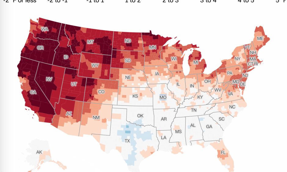 Summer 2021 average temperatures in the U.S., compared to 20th-century averages