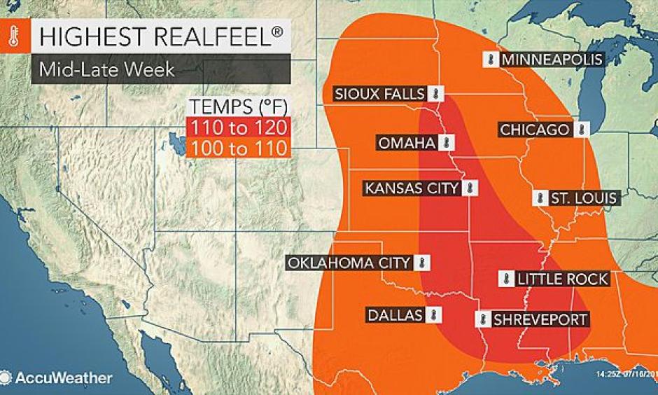 Days of dangerous triple-digit heat will unfold over the central US this week. Image: AccuWeather