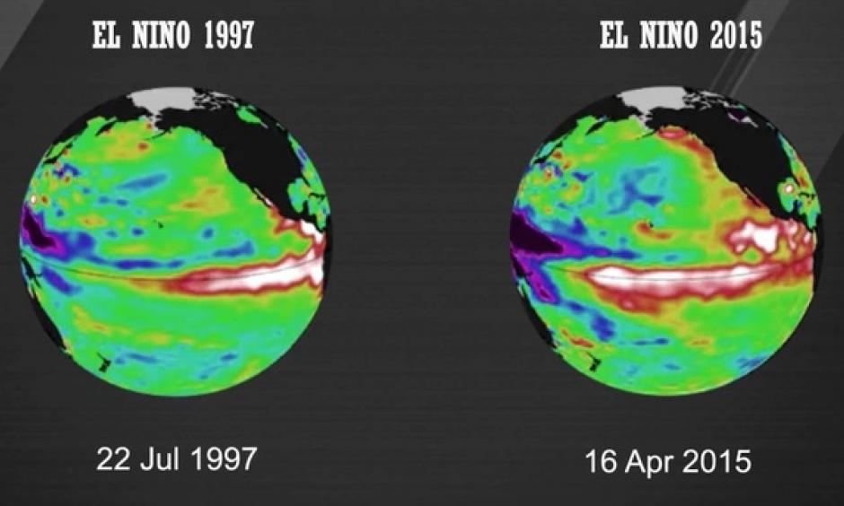 A comparison of sea surface temperatures in the equatorial Pacific in 1997 (a strong El Nino year) and 2015. Image: World Meteorological Organization