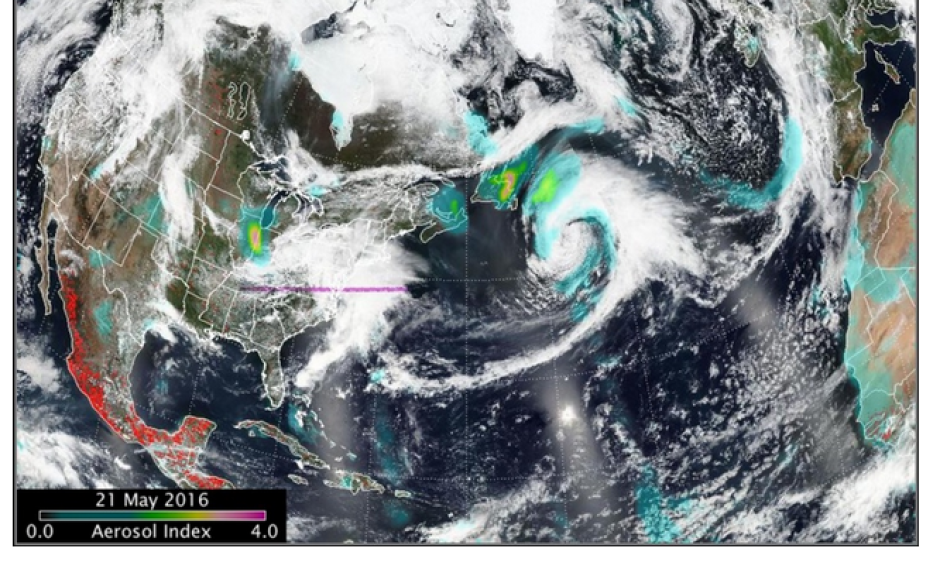 The blue, green, yellow, orange and purple colors show the aerosols associated with the smoke over eastern Canada and the western north Atlantic Ocean on May 20, 2016. Image: Weather Underground