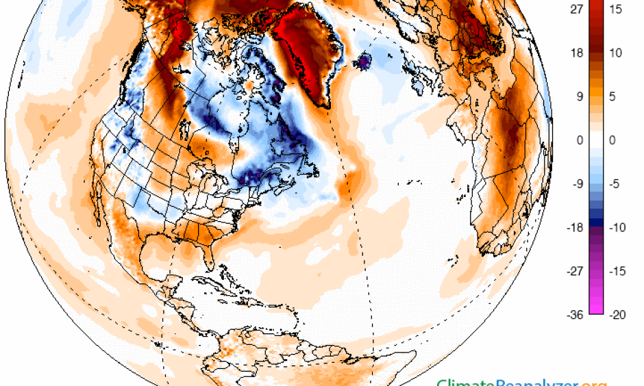 Temperature difference from normal shows parts of the Arctic over 17 degrees warmer than normal on Feb. 23, 2016. Image: University of Maine Climate Analyzer