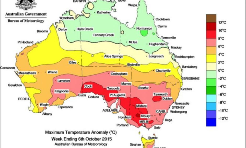 The very hot spell that hit Australia in early October. Note parts of south east Australia experienced temperatures 8-10C above average. Australian Bureau of Meteorology
