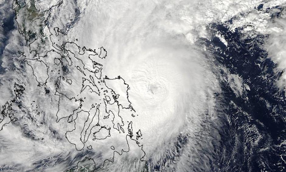 MODIS satellite image of Typhoon Hagupit at 05:00 UTC on Saturday December 6, 2014. At the time, Hagupit was a Category 3 storm with 125 mph winds. Image: NASA