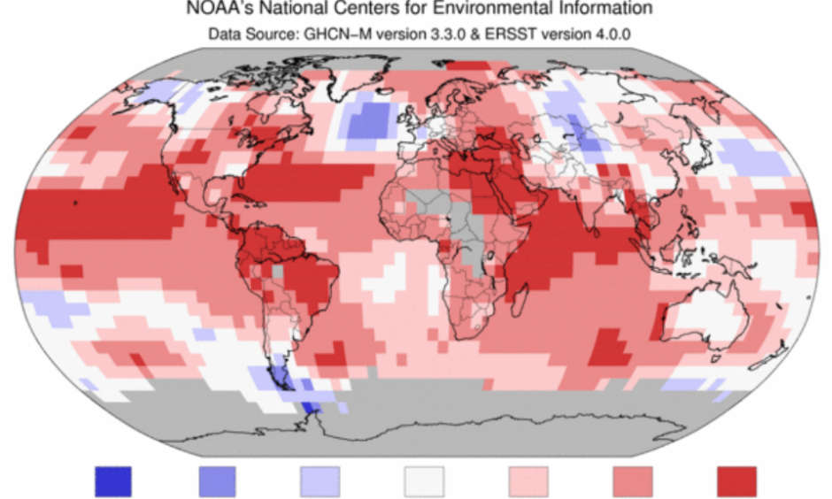 Departure of temperature from average for September 2015, the warmest September for the globe since record keeping began in 1880. Image: NOAA