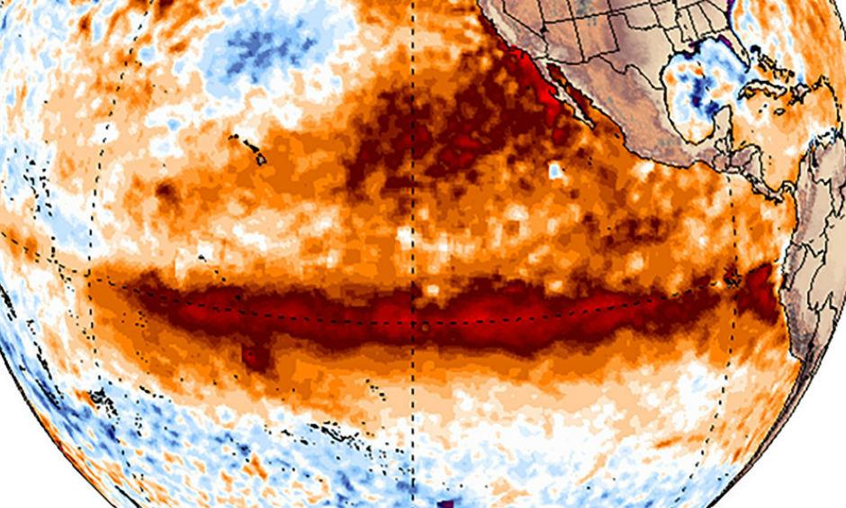 Sea surface temperature anomalies across the tropical Pacific Ocean, showing the hallmark pattern of El Nino. Image: Climate Reanalyzer