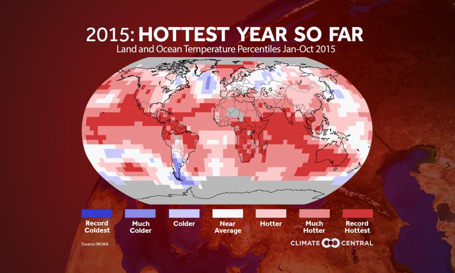 How temperatures across the globe ranked for January-October 2015. Image: Climate Central