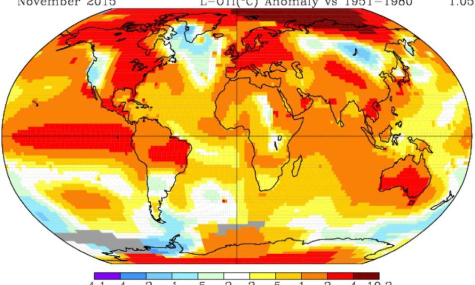 November temperature departures from normal. Credit: NASA GISS