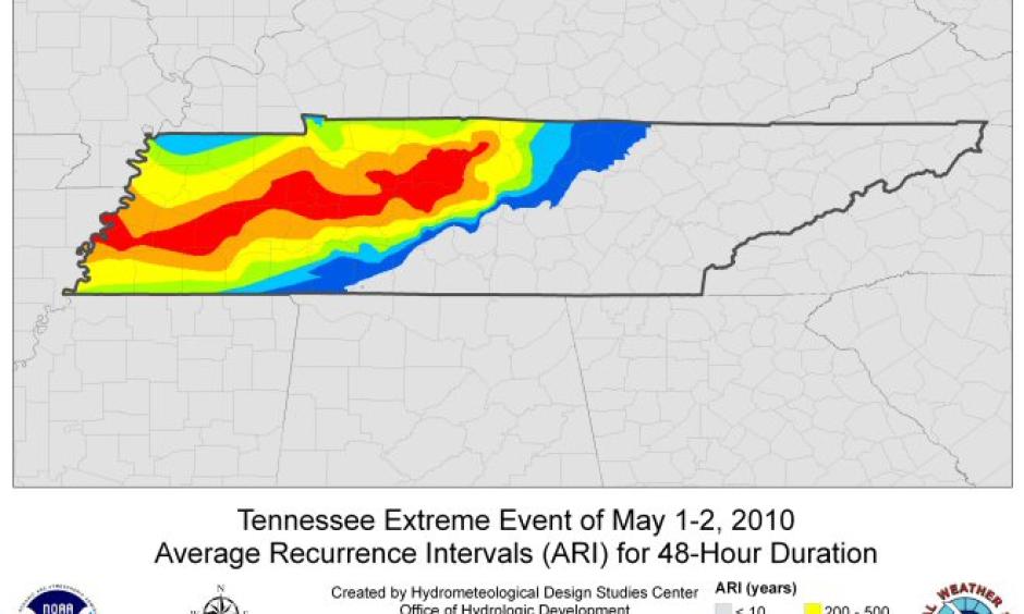 The map relates to amount of rainfall that fell to the chances of that amount of rain actually occurring. Photo: NOAA