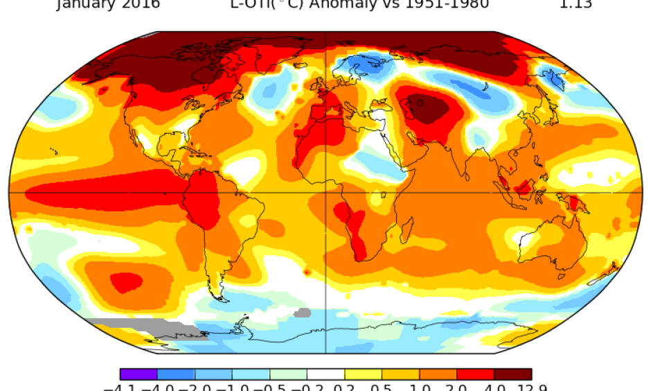 Temperature anomalies for January, 2016. Image: NASA