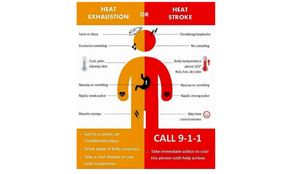 This graphic from the National Weather Service illustrates what symptoms people might have if being overcome by hot and humid conditions. Image: NWS
