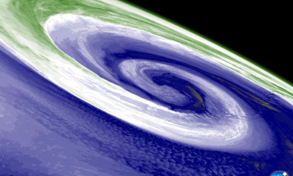 Water vapor satellite image of the storm near its peak intensity. (CIMSS/SSEC UW-Madison)