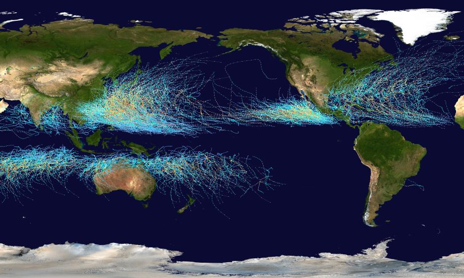 Map of the cumulative tracks of all tropical cyclones during the 1985–2005 time period. The Pacific Ocean west of the International Date Line sees more tropical cyclones than any other basin, while there is almost no activity in the Atlantic Ocean south of the Equator. Background image: NASA this version: Nilfanion