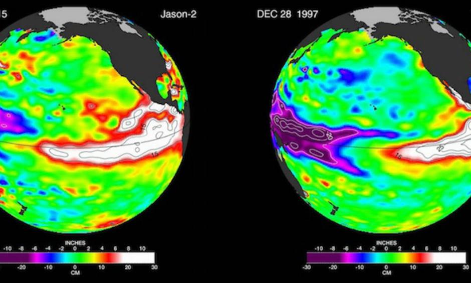 Sea-surface height as inferred by by NASA satellites during the current El Niño (December 27, 2015, at left, from Jason-2) and at a comparable point during the last “super” El Niño (December 28, 1997, at right, from TOPEX/Poseidon).
