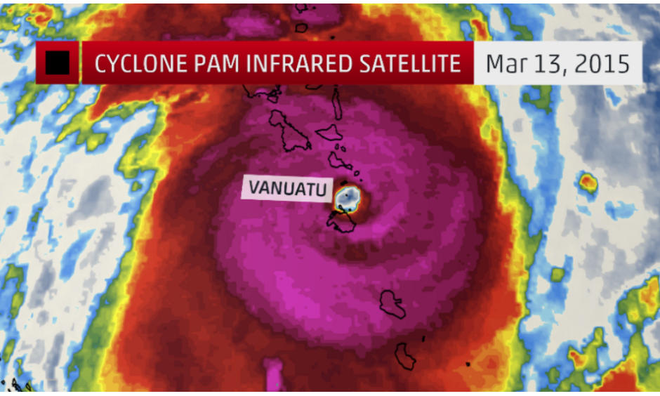 Enhanced satellite imagery of Cyclone Pam during the height of its strength as it made a direct strike to Vanuatu on March 13, 2015. Image: The Weather Channel