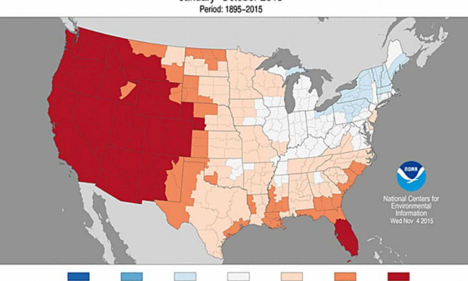 Almost one third of the entire country (including much of Florida) has seen this year so far (from January 1 to Oct. 31) result in the warmest average minimum temperatures on record since 1895. Image: NOAA/NCDC