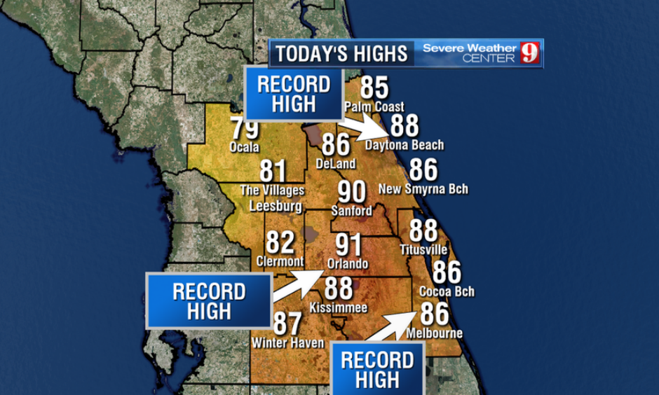 Central Florida experienced some unusually hot temperatures for November. Image: WFTV Severe Weather Center 9