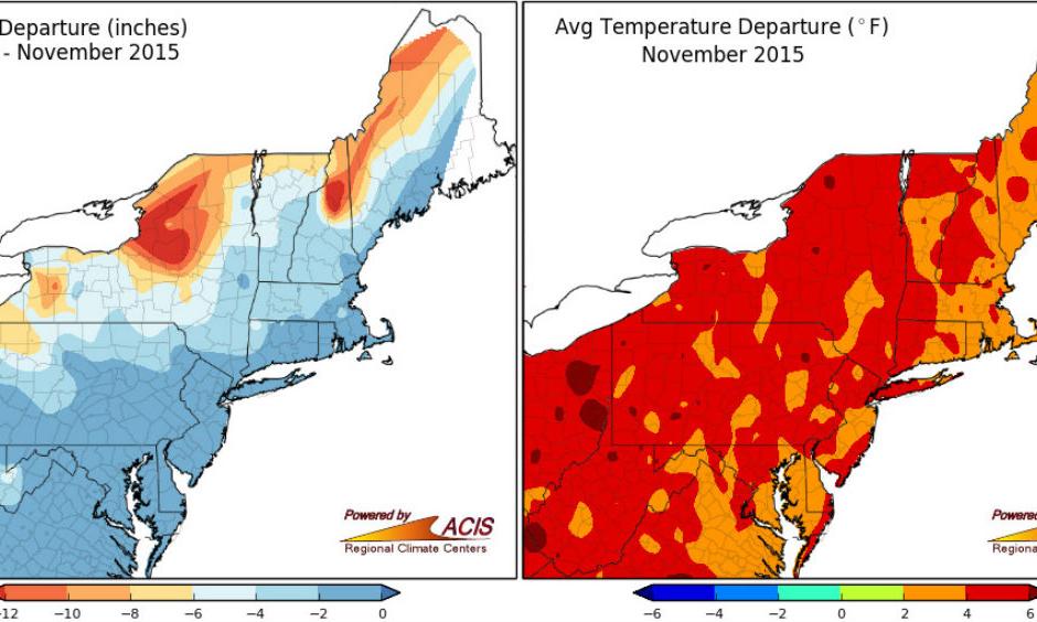 November snow and temperature departures from normal in the Northeast. Image: NERCC