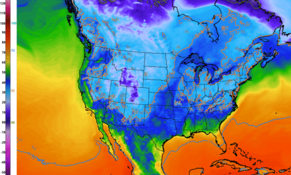 NAM guidance shows the spastic journeys of the 32F isotherm over the next 84 hours (highlighted in orange). For at least the next 4-5 days nighttime lows will be a few degrees warmer than average highs this time of year. Image: NOAA and AerisWeather.