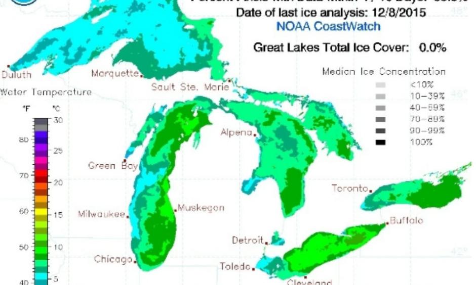 The graphic analyzes ice coverage, and highlights that there's no ice coverage across any of the Great Lakes. Image: NOAA