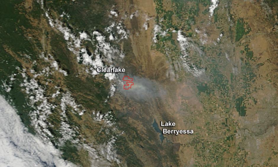 The Rocky Fire in Lake County, California, is generating enough smoke to be seen from space. Image: Jeff Schmalt, NASA Goddard's MODIS Rapid Response Team