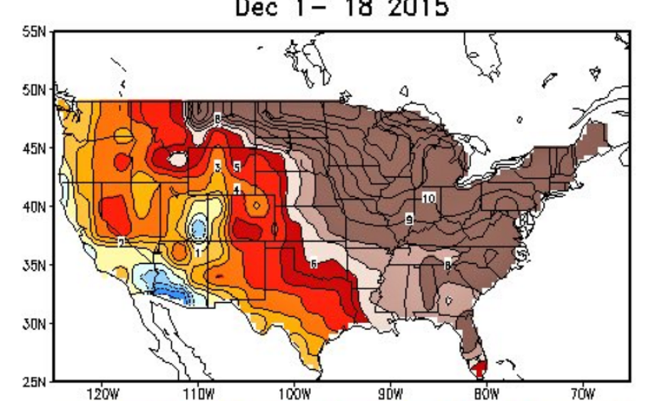 December warmth in the monthly temperature anomaly map. Image: NWSCPC