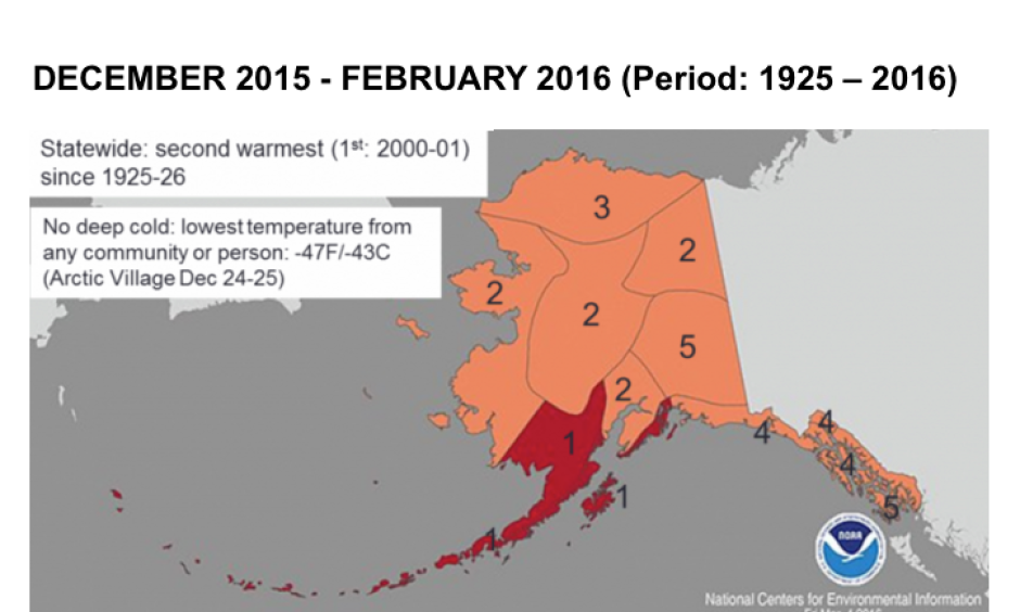 Average Alaska temperature rankings for this past winter. Image: NOAA’s National Centers for Environmental Information