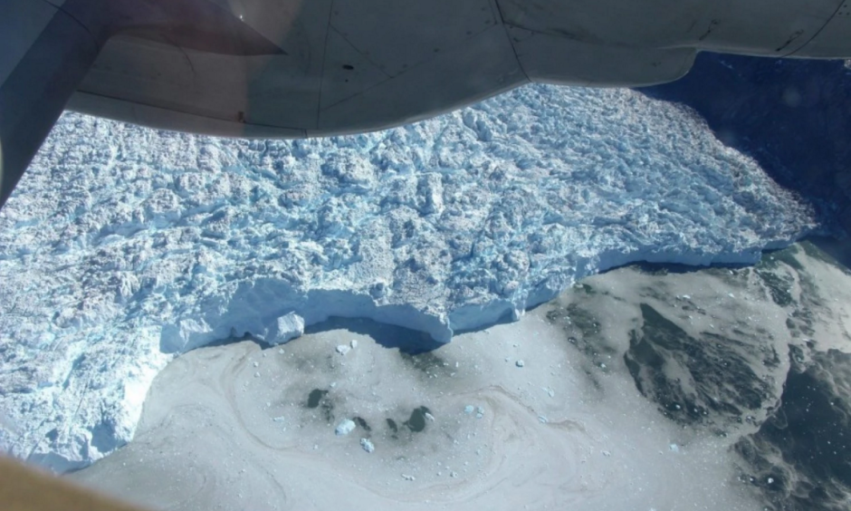 A undated aerial view from an aircraft of the calving front of a glacier in Greenland. Photo: John Sonntag, NASA