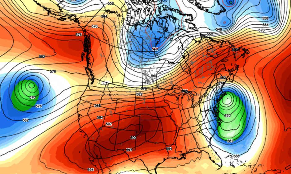 A strong ridge of high pressure — shown here as 500 mb height anomalies — is expected to build over the Southwest U.S. later this week. Temperatures in the Phoenix area could challenge all-time records. Image: Weatherbell