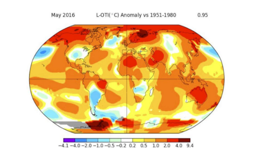 May 2016 temperature departures from average, in degrees Celsius, relative to 1951-1980 average. Brown/blue contours correspond to temperatures most above/below April averages. Image: NASA / GISS