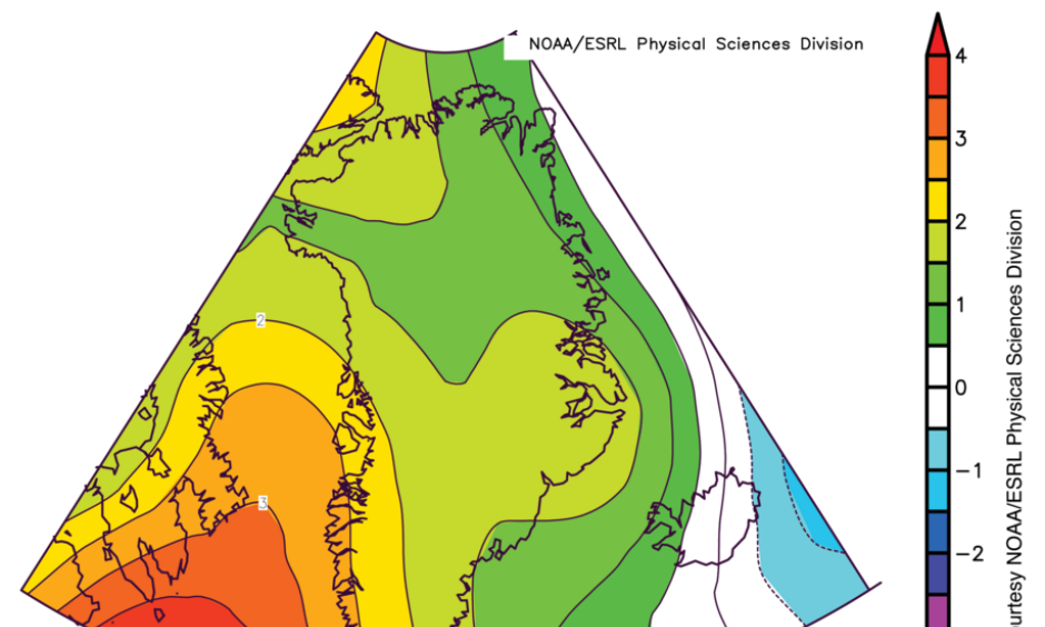 This image of Greenland summer 2012 air temperature anomalies at the 925 hPa level (about 3,000 feet above the surface) shows that all of Greenland experienced warmer than average temperatures, with the strongest warming along the west coast. Temperatures are compared to the 1981 to 2010 average. Image: National Snow and Ice Data Center, from NOAA/ESRL Physical Sciences Division