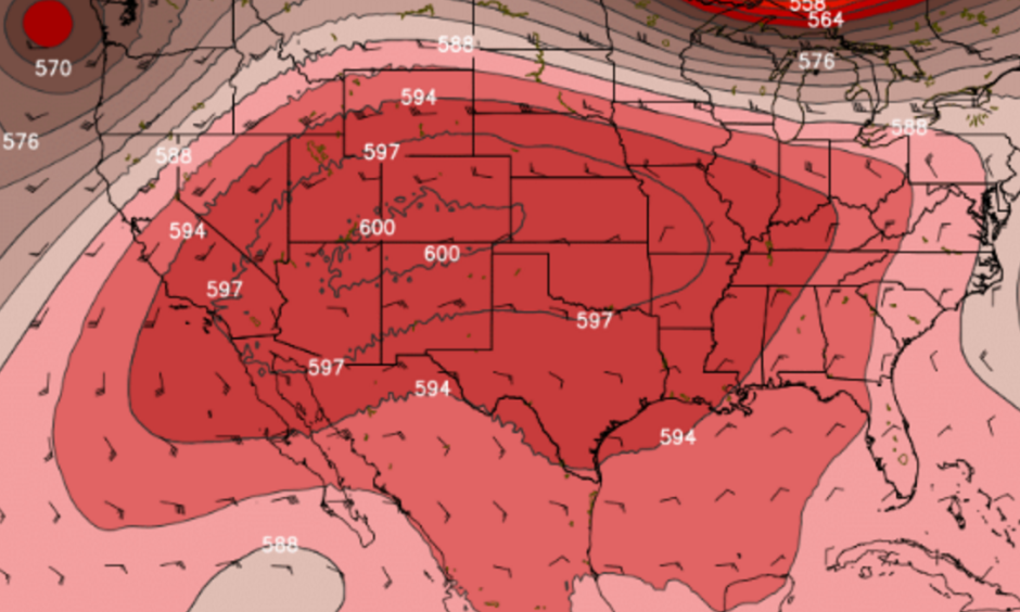 GFS model simulation of massive heat dome centered over the Southwest U.S. on Monday afternoon. Image: WeatherBell.com