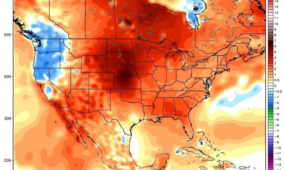 Ensemble mean 5-day averaged 2-meter temperature anomaly (°C) for July 18 through 25. Image: WxBell