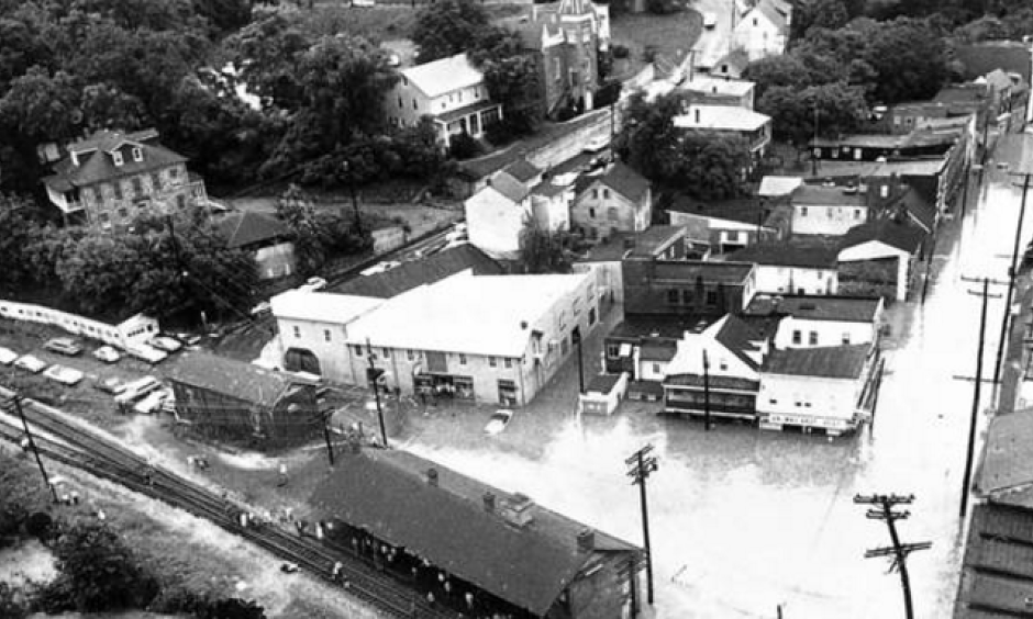 Aerial view of downtown historic Ellicott City the day after Tropical Storm Agnes hit the area in 1972. Photo: Lloyd Pearson, Baltimore Sun