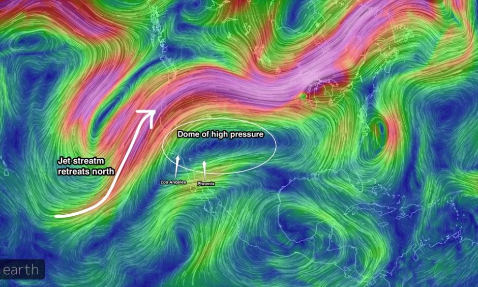 The forecast for winds at jet stream level on Monday, June 20. Image: earth.nullschool.net