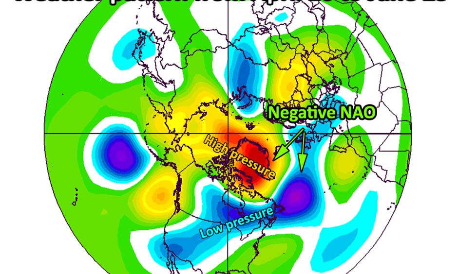 500mb heights compared to normal from April 26 through June 23, encompassing all of the current negative NAO with data. Credit: ESRL/NOAA/author