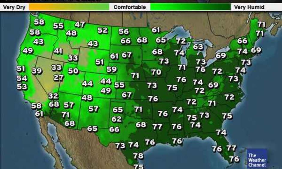 Dew points at noon in the lower forty-eight. Image: The Weather Channel
