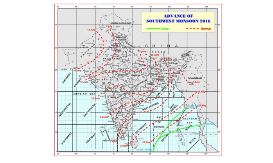 A map illustrating the dates of the normal onset of the monsoon in India (red-dashed lines) and where the actual advance lines have been so far this season (green solid lines). Image: Indian Meteorological Department