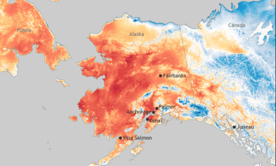 July 8 temperatures cooler than 65°F are shades of blue; those warmer than 65°F are yellow, orange, and red. Credit: NOAA Climate.gov image, based on RTMA data.