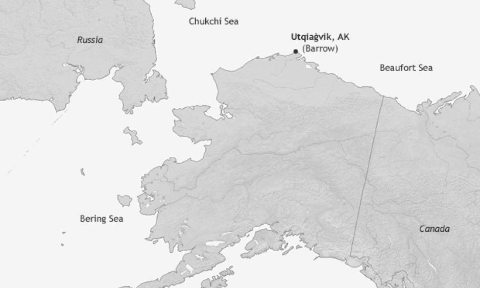 Point Barrow is the northernmost point in the United States. The town of Utqiaġvik, also referred to as Barrow, is one of the few locations in the northern part of the state with a relatively long temperature record. Image: NOAA Climate.gov
