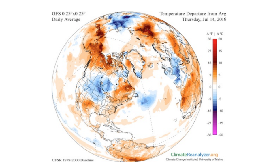 Temperature anomalies (departures from normal) for Thursday, July 15, 2016, as extrapolated from the 00Z Thursday GFS model output. Image: Climate Reanalyzer/University of Maine