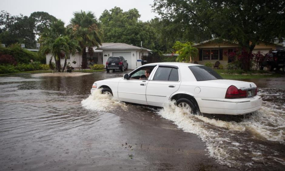 A motorist drives down a flooded street in St. Petersburg, Fla., after Tropical Storm Colin dumped heavy rains over the Tampa Bay area on June 7, 2016. Photo: Lauren Elliot, AP