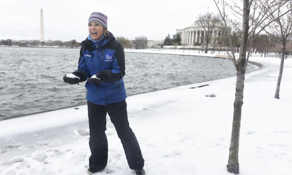 The Weather Channel's Jen Carfagno reports on Winter Storm Stella from the Tidal Basin in Washington, D.C. on Tuesday, March 14, 2017. Photo Kevin Wolf, AP Images for The Weather Channel