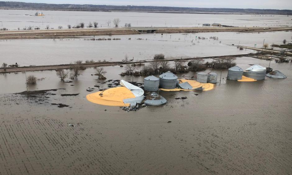 The contents of grain silos which burst from flood damage are shown in Fremont County, Iowa, U.S., March 29, 2019. Photo taken March 29, 2019. Credit: Tom Polansek, Credit