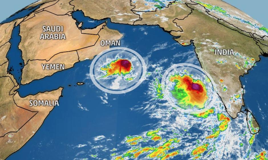 The pair of tropical cyclones in the Arabian Sea on Oct. 31, 2019.