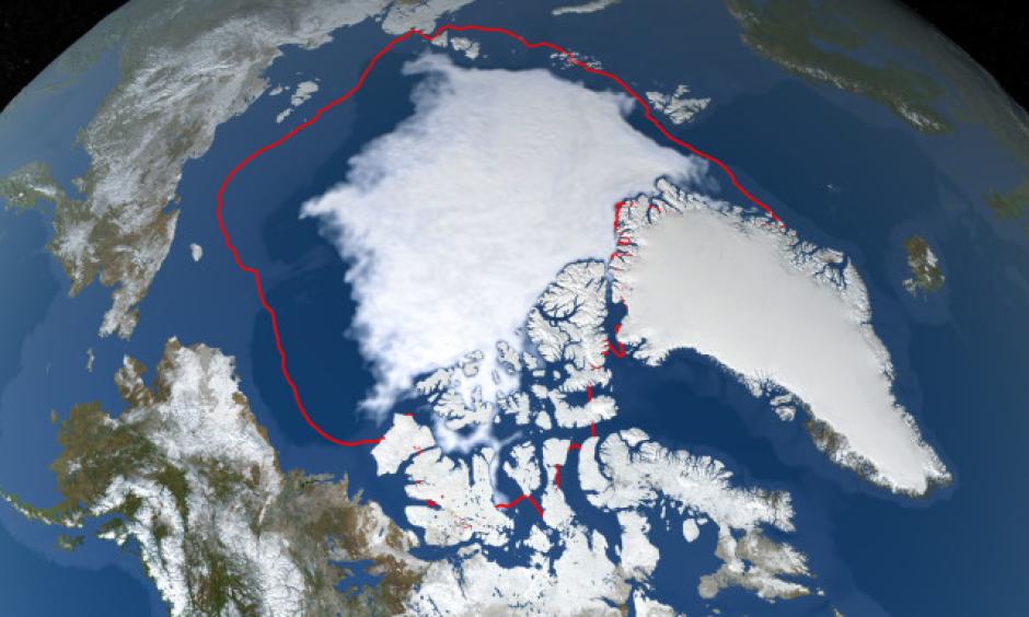 The September 18, 2019 Arctic Sea Ice extent (blue-white), compared to the 1981-2010 average minimum extent (red line). Credit: NASA Goddard