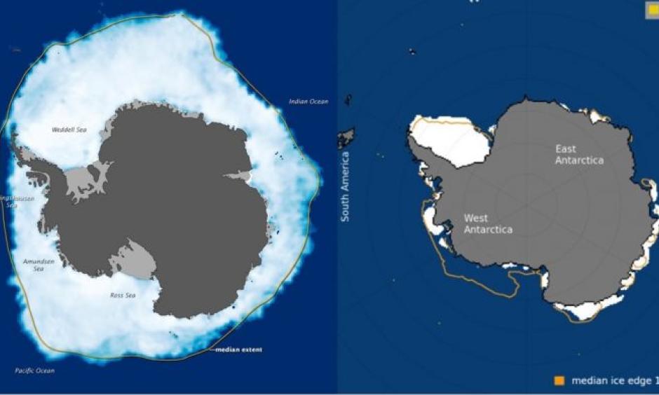 Left: Antarctic sea ice at its winter maximum in September 2012. Right: Sea ice at its minimum on March 3, 2017. New research finds that the dramatic loss in Antarctic sea ice in late 2016 was due to unprecedented storms blowing warm air and strong winds toward the South Pole. Image: NASA Goddard Space Flight Center Scientific Visualization Studio and NASA Earth Observatory/Jesse Allen (left); National Snow and Ice Data Center (right)