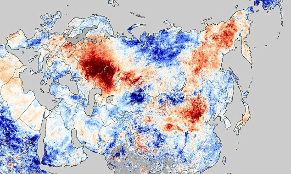 A Nasa image shows hotspots (in red) in the vast country caused by out-of-control wildfires. There are at least 550 separate blazes nationwide