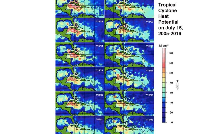Total oceanic heat content (called the Tropical Cyclone Heat Potential, or TCHP) in kilojoules per square centimeter (kJ/cm^2), for July 15 for the years 2005 - 2016. TCHP was at near-record or record values over much of the Caribbean, Gulf of Mexico, and waters surrounding the Bahamas in July 2016. TCHP in excess of 90 kJ/cm^2 (orange colors) is commonly associated with rapid intensification of hurricanes. Image: NOAA/AOML