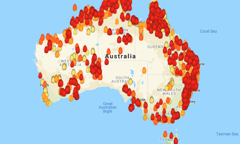 Hundreds of bushfire hotspots across the nation as of Friday, Dec. 20, 2019. Credit: My Fire Watch